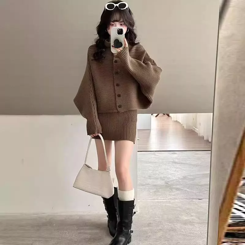韓系慵懶風秋冬單排扣氣質純色毛衣+顯瘦半身裙套裝4色