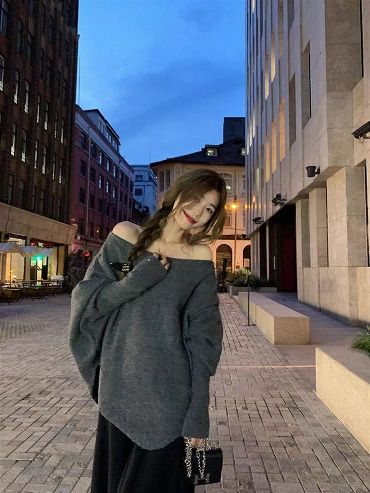 不規則蝙蝠袖毛衣寬鬆外穿秋冬軟糯高級感一字肩2色