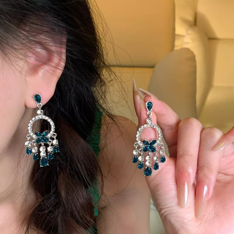 綠色蝴蝶圓水晶氣質鋯石輕奢優雅精緻流蘇耳環