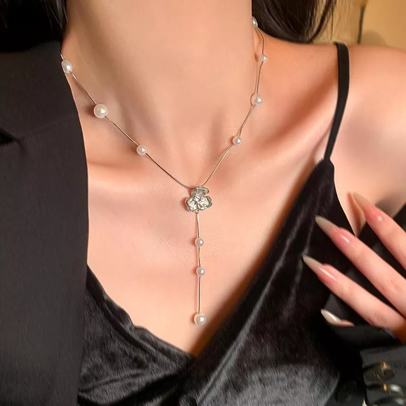 長版流蘇花朵項鍊流蘇吊墜氣質珍珠鎖骨鍊
