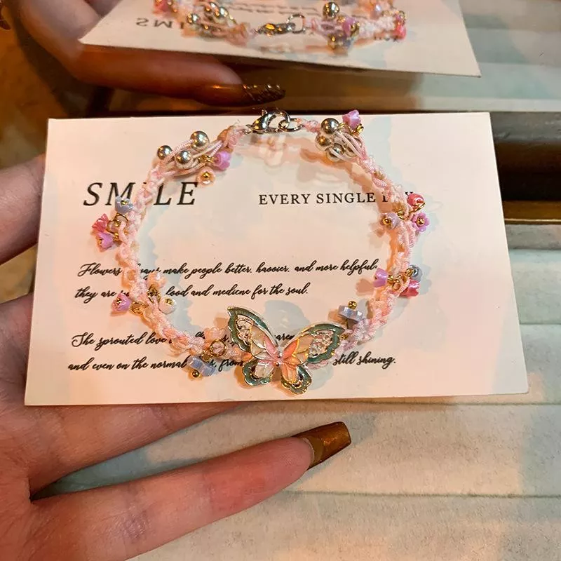 復古蝴蝶手繩花朵精緻高顏值手鍊編織小清新繁華手飾