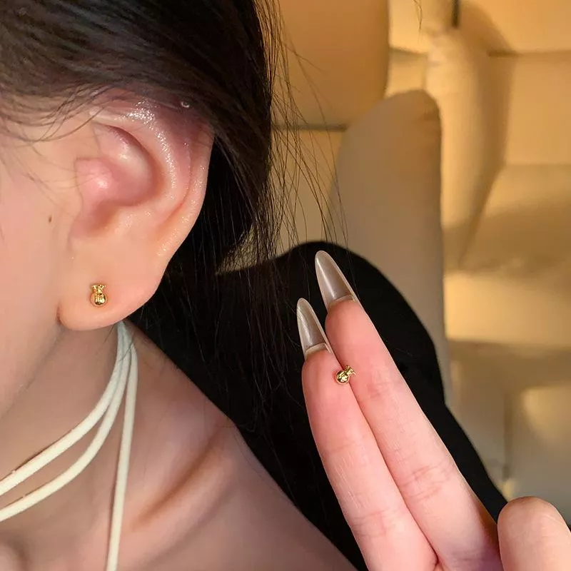 S925銀針金色來財福袋小耳環財源滾滾百搭福氣耳飾