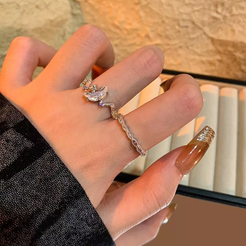 時尚月亮鋯石開口戒指輕奢小眾百搭獨特可調式戒指