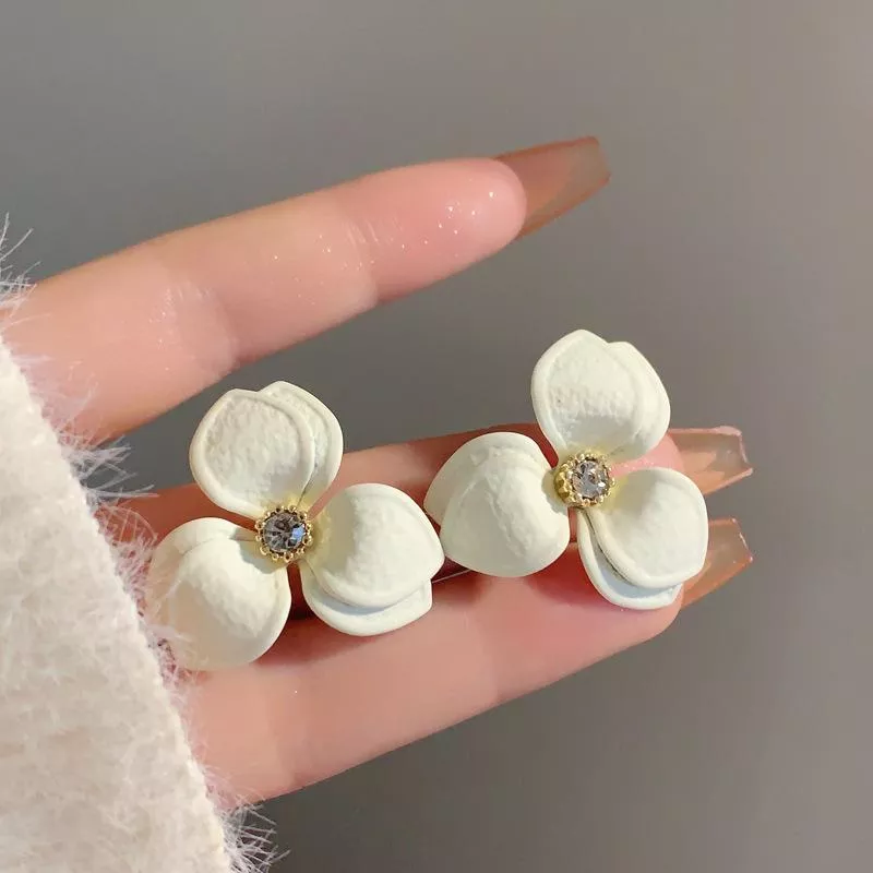 S925銀針高級感氣質唯美雙層白色花朵耳環鑲鑽ins風耳環