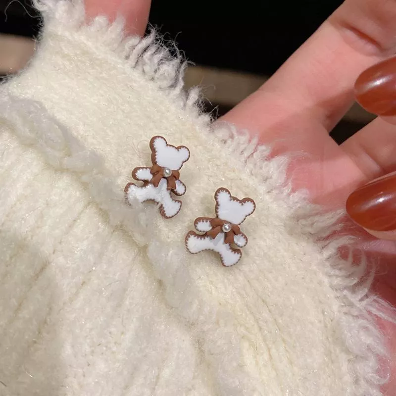 S925銀針卡通滴油小熊耳環可愛軟萌少女蝴蝶結耳環