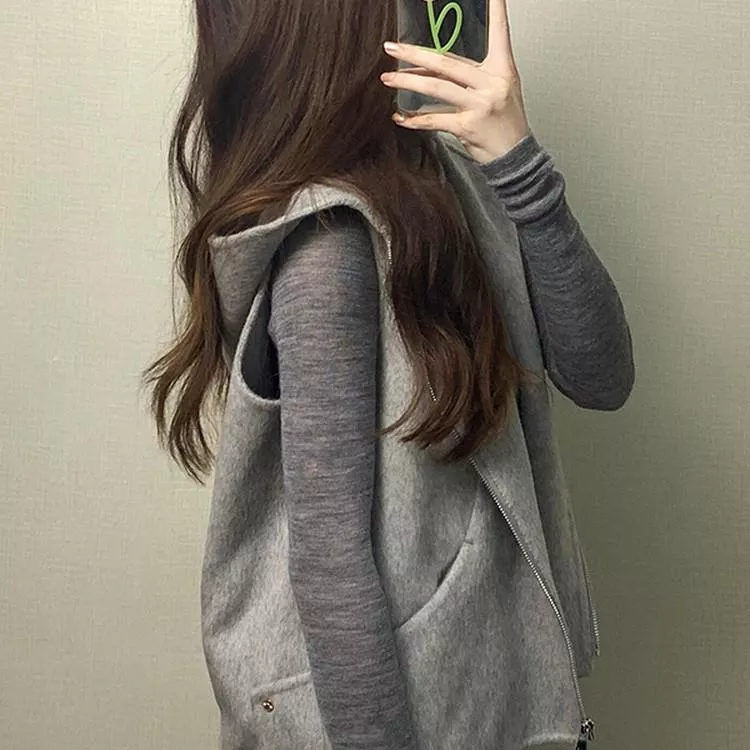 簡約連帽毛呢馬甲秋冬高級感寬鬆百搭無袖外套S-XL