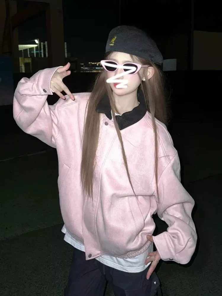 甜美風粉色翻領休閒外套小眾設計感寬鬆美式棒球外套S-XL