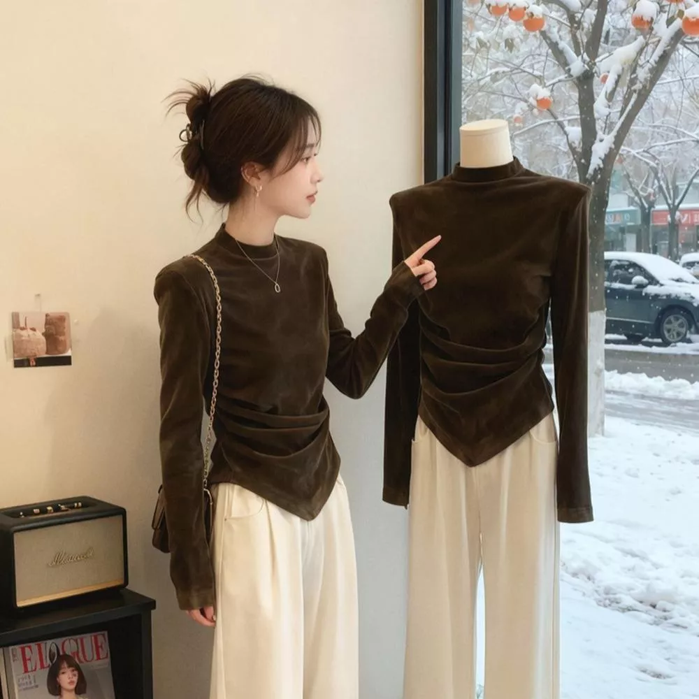 氣質半高領絲絨長袖高級感不規則修身打底內搭上衣S-XL
