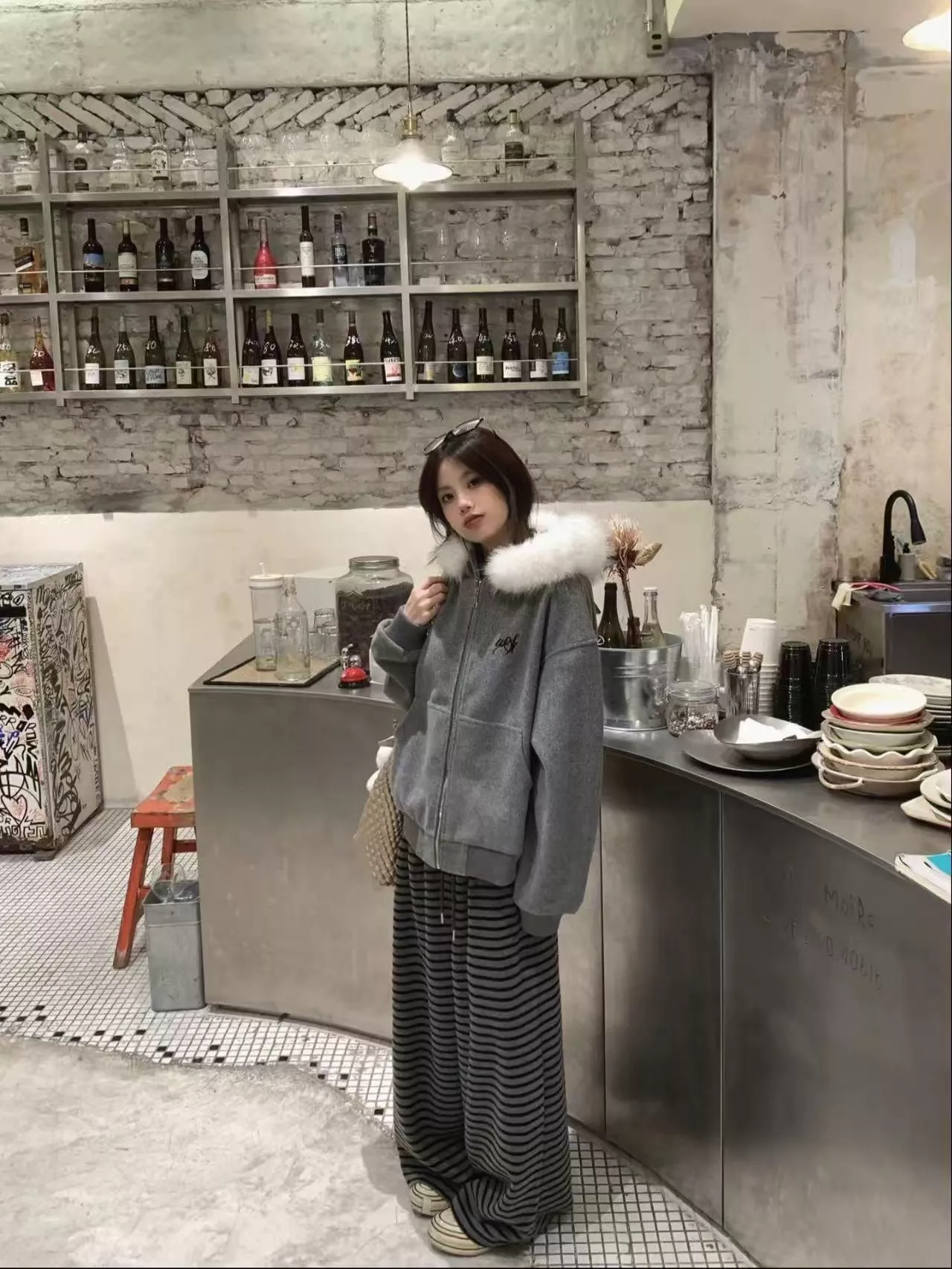 純棉複合銀狐絨灰色大毛領毛呢外套加絨加厚S-2XL