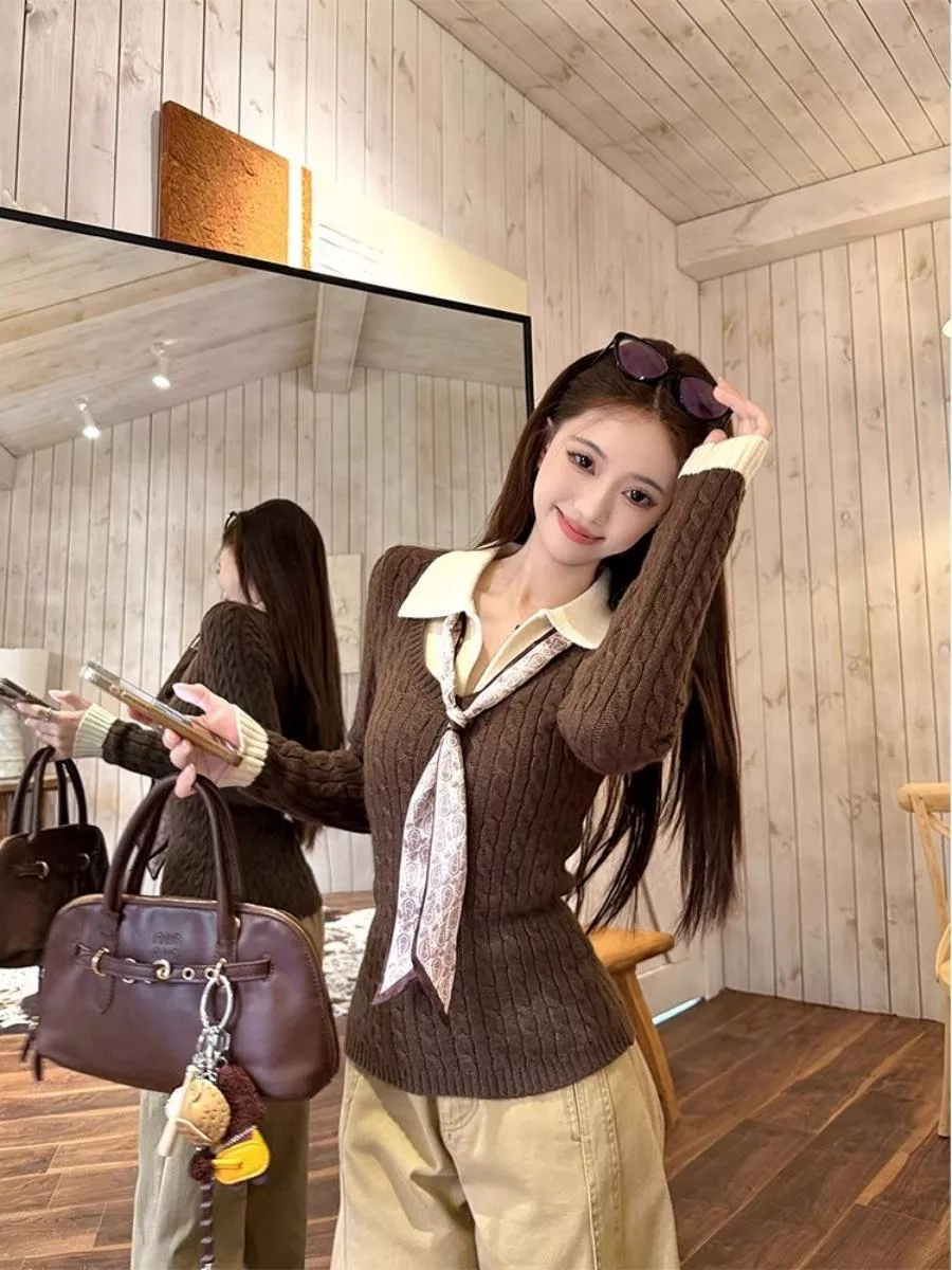 設計感拼接假兩件毛衣針織衫冬季復古咖色長袖上衣3色