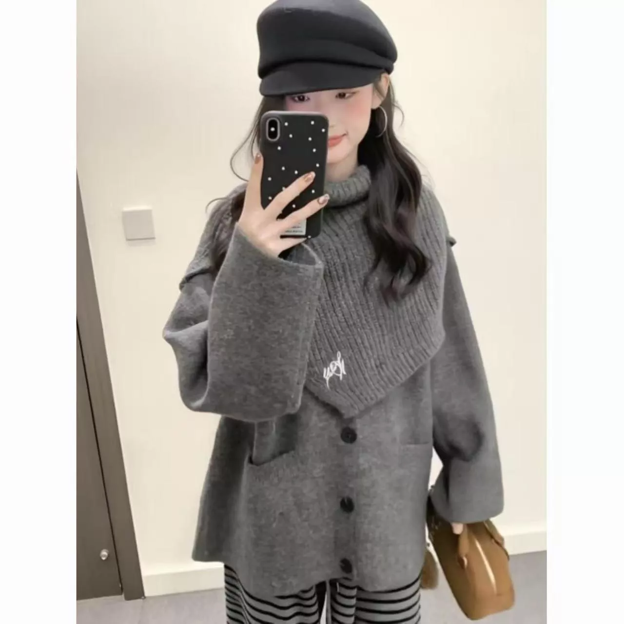 綿羊絨#高級感灰色針織開襟秋冬圍脖外套兩件套S-L