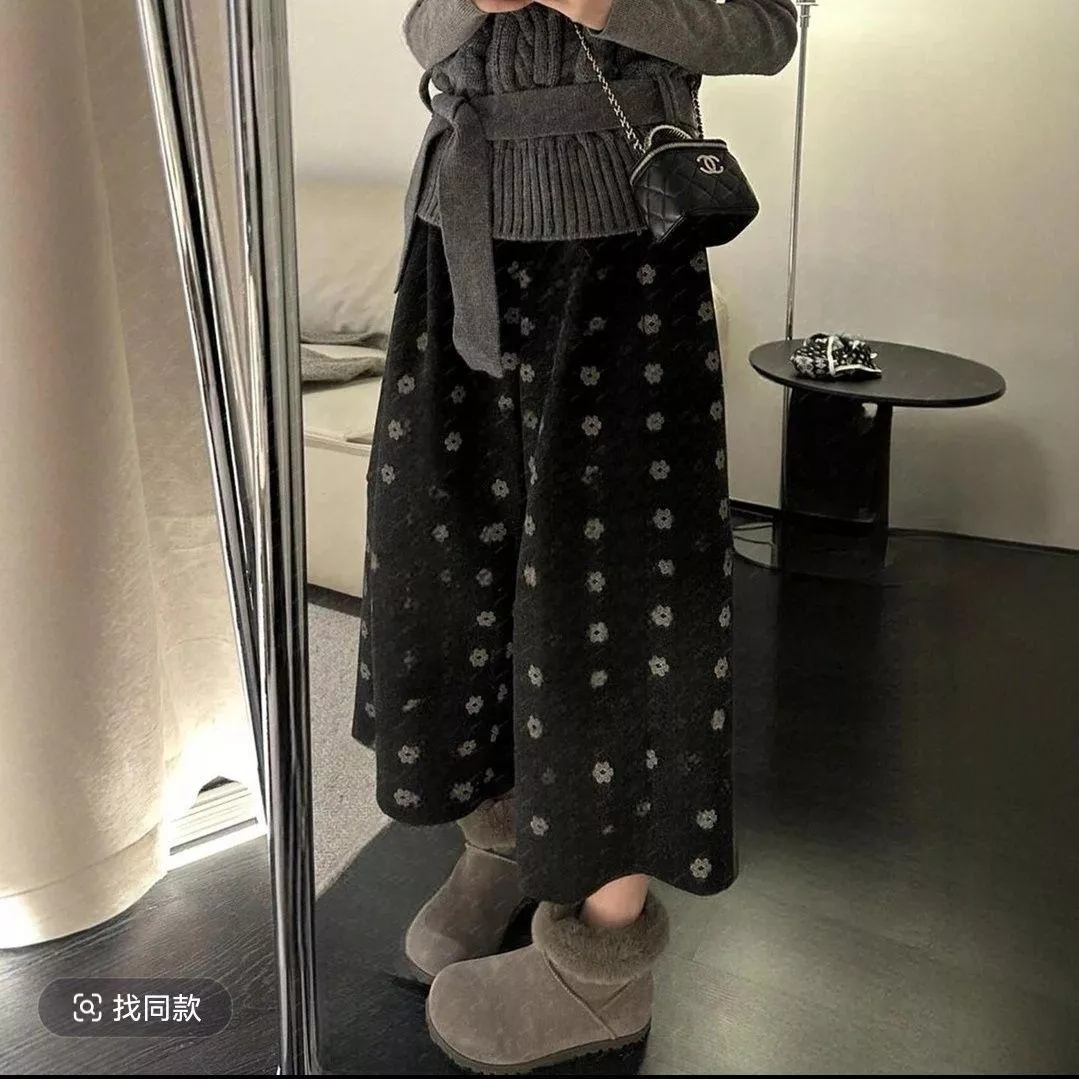 日系復古七分毛呢秋冬小花寬鬆百搭休閒氣球褲S-2XL