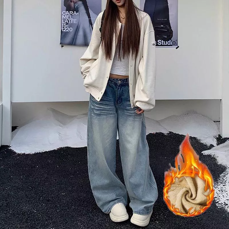 小眾街頭設計感闊腿牛仔褲加絨加厚垂感顯瘦闊腿牛仔褲S-XL