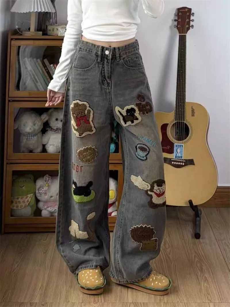 美式重工卡通貼補刺繡直筒牛仔褲S-4XL