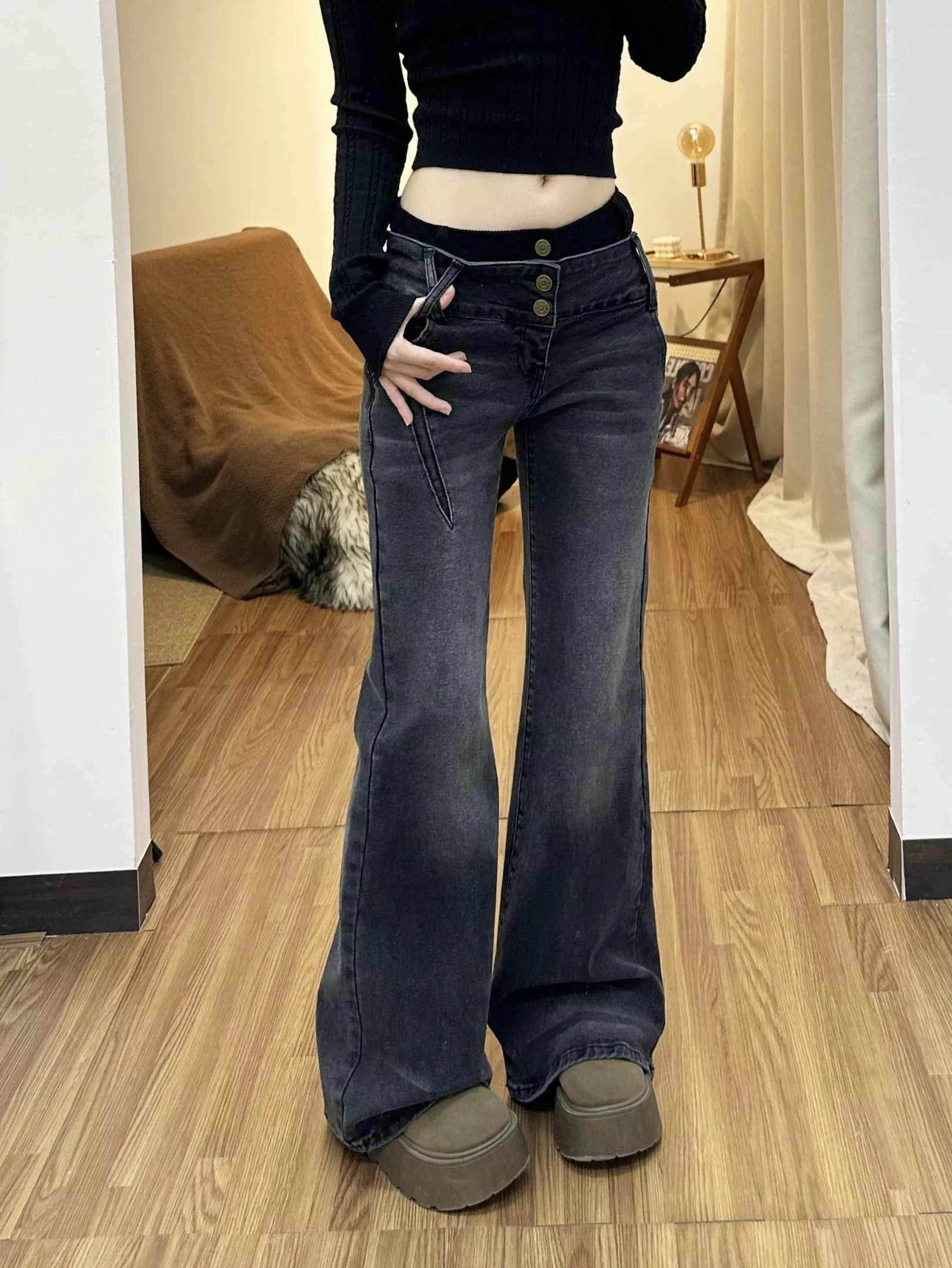 美式復古拼接低腰微喇牛仔褲秋冬設計感顯瘦喇叭褲S-XL