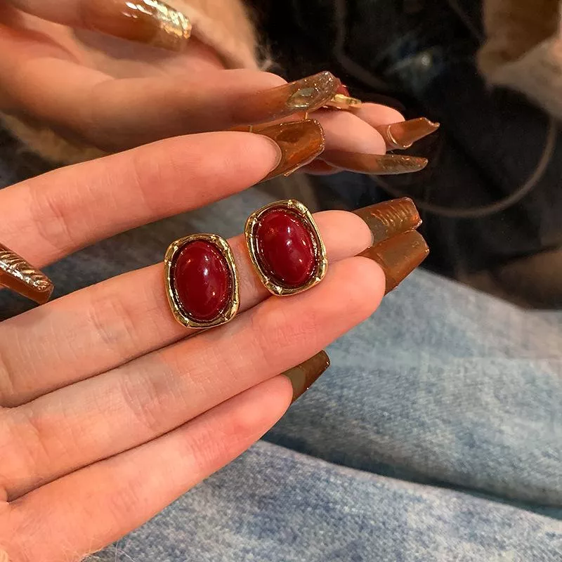 S925復古港風紅色滴釉耳環秋冬輕奢氣質新年耳飾