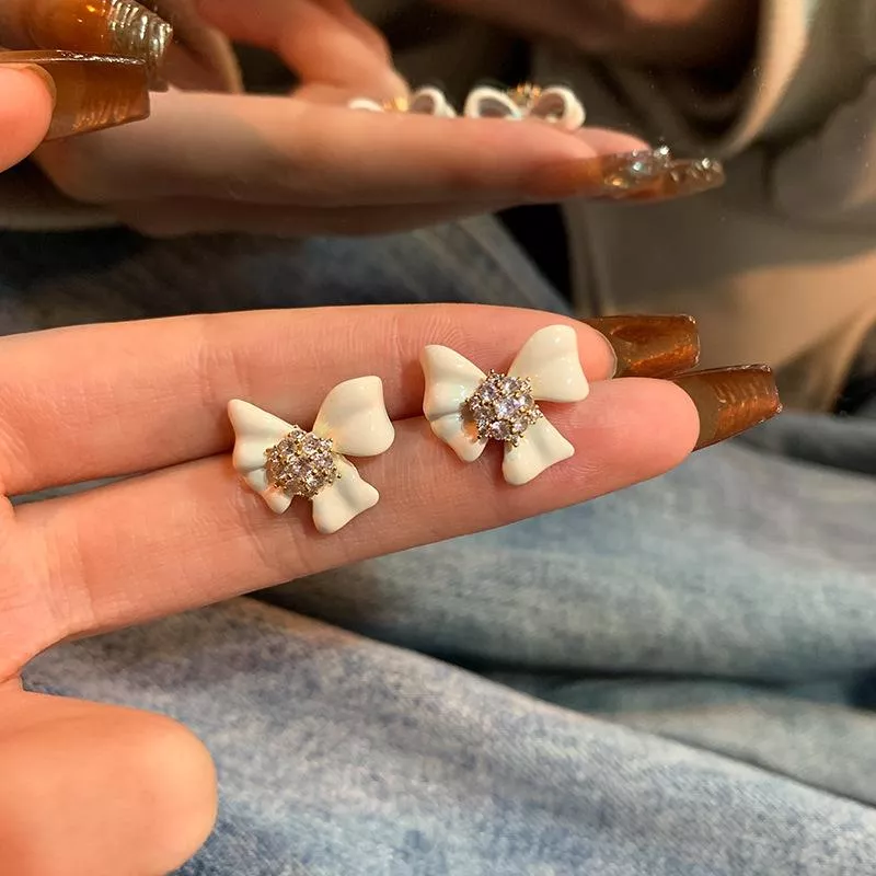 法式甜奶白色蝴蝶結秋冬氣質百搭耳環