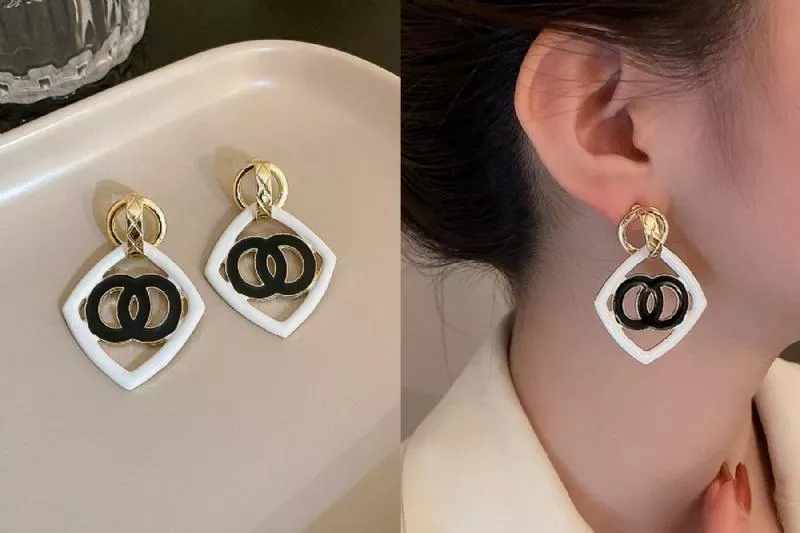 正韓S925純銀 法式小香風滴釉幾何雙圈菱形耳環