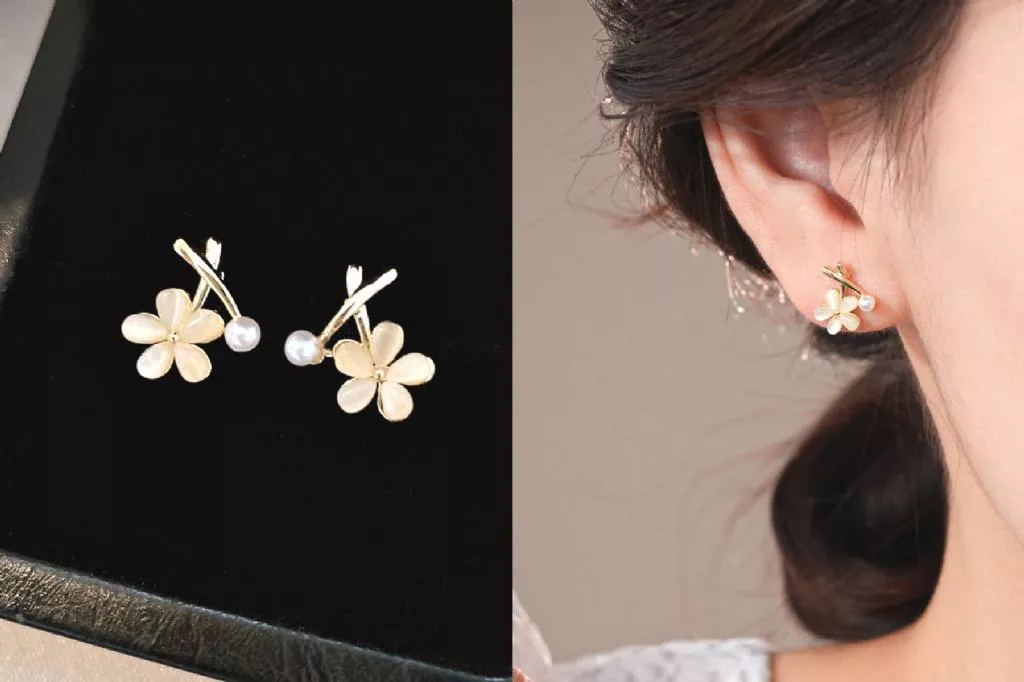 正韓S925純銀 小清新甜美貓眼石珍珠花朵耳環