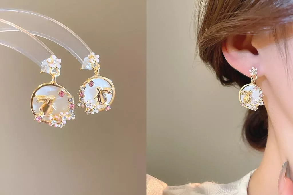 正韓S925純銀 復古鑲鑽滴釉貝殼兔子耳環