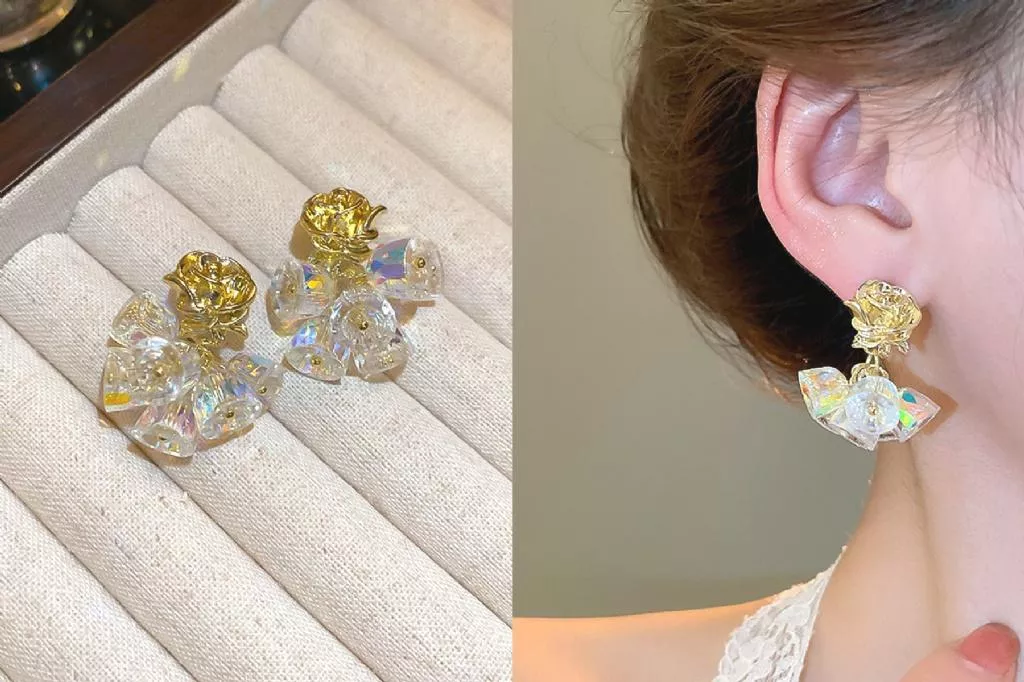 正韓S925純銀 法式復古玫瑰花水晶流蘇耳環