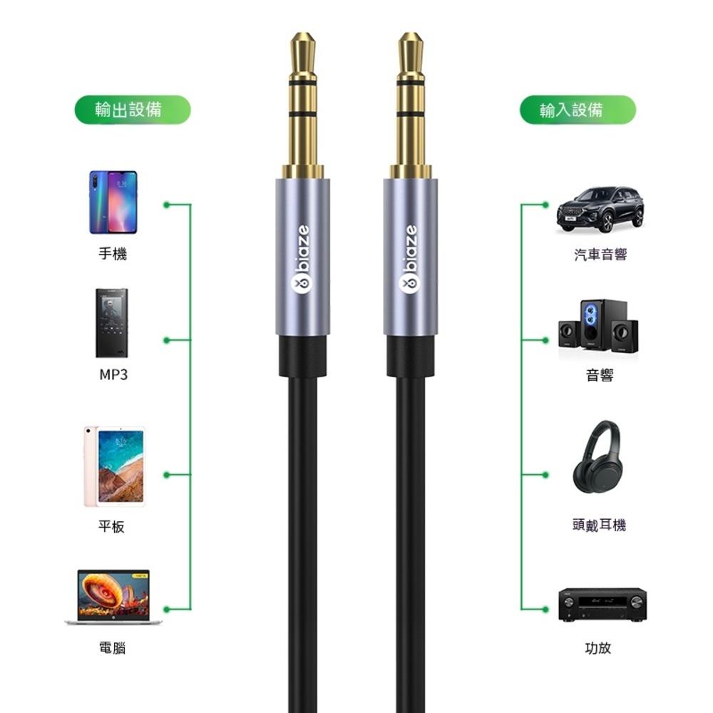 biaze畢亞茲  AUX音頻轉換線 3.5mm公對公車載連接線Y3 黑 1m/2m/3m 手機/電腦連音響 無損音質