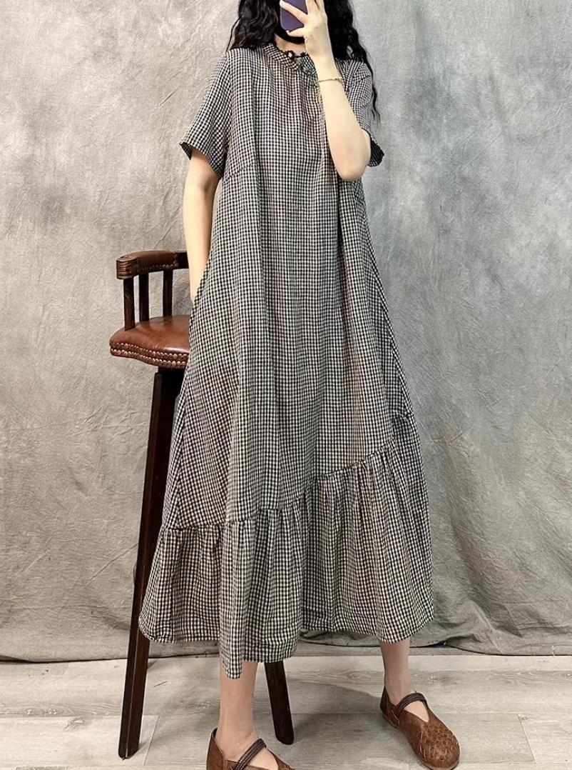 盤扣格子棉麻連身裙