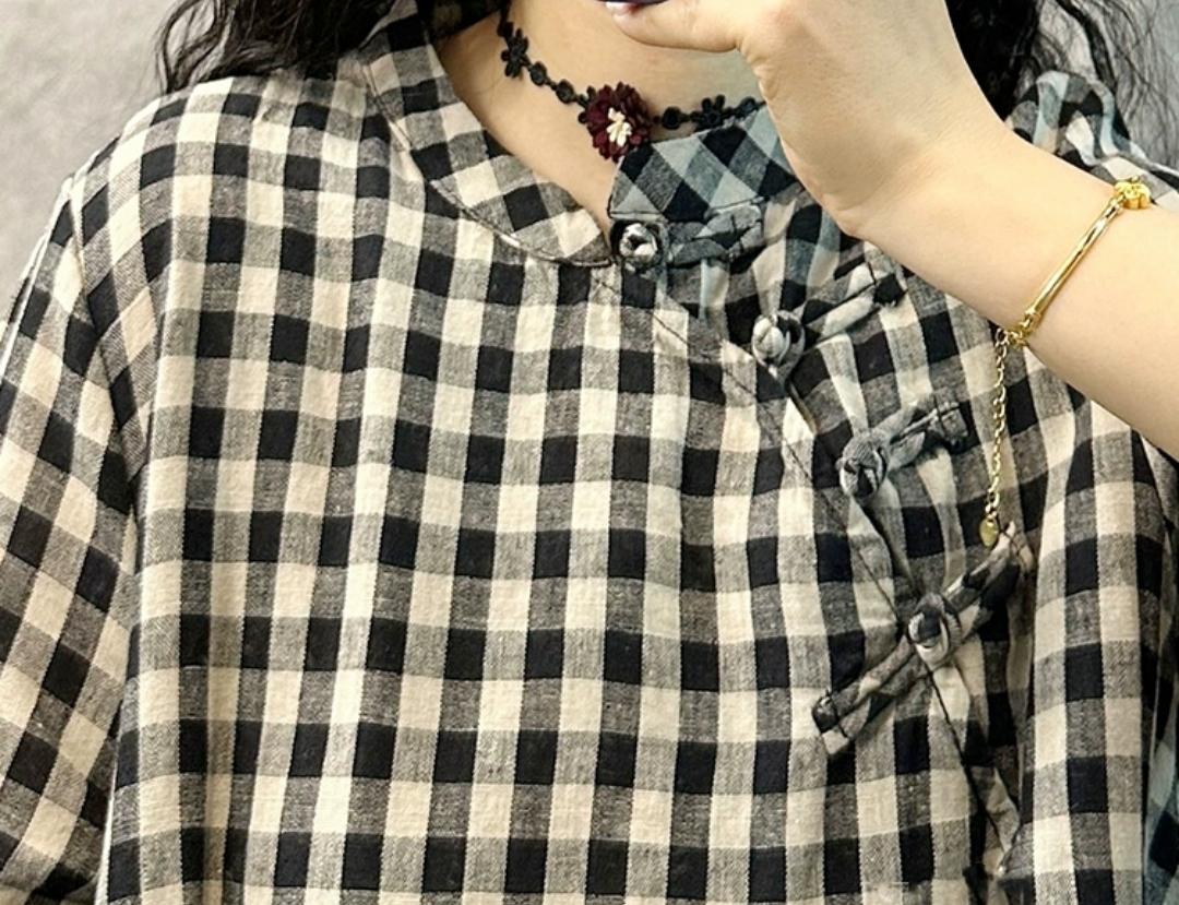 盤扣格子棉麻連身裙
