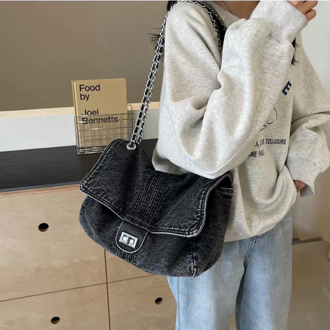 時尚牛仔鍊條托特包～3色