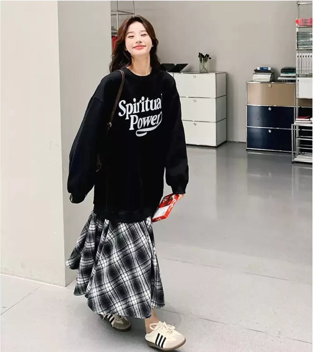 黑色格子拼接洋裝