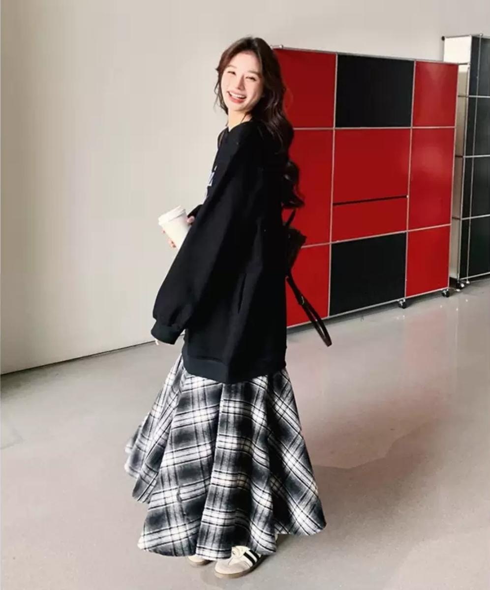黑色格子拼接洋裝