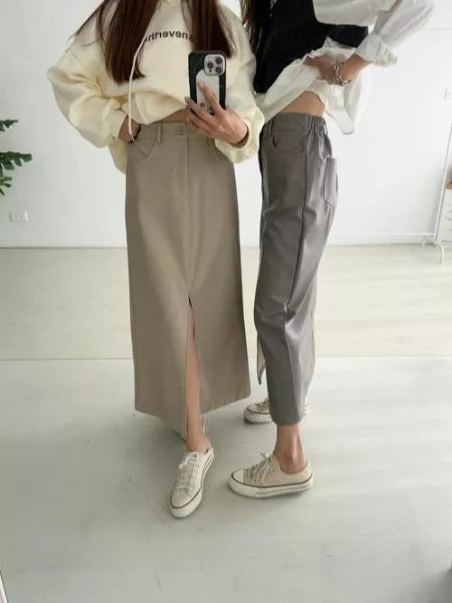 前開衩皮革長裙