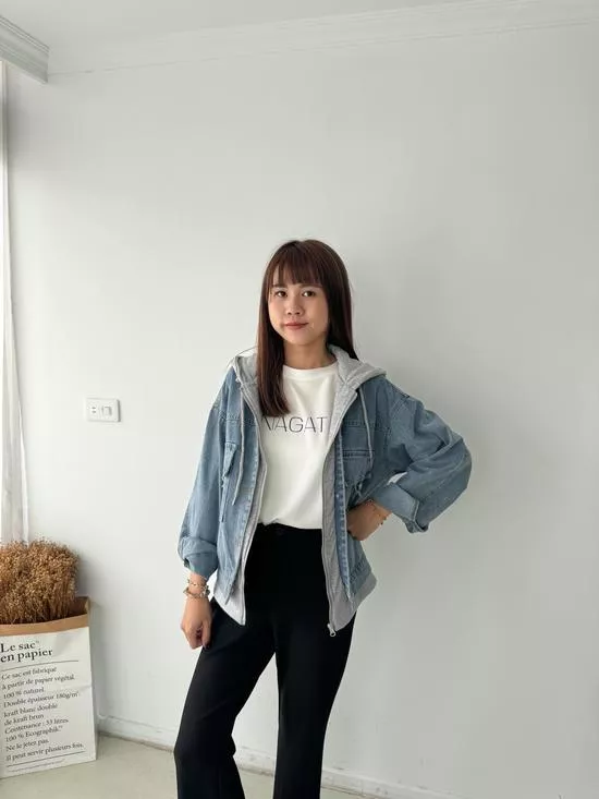 不易撞款!!假兩件拼接連帽牛仔外