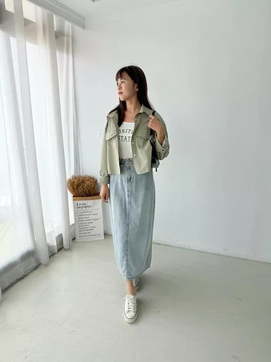 百搭後開衩牛仔長裙