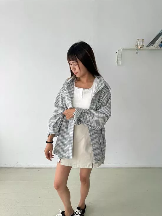 泡泡棉寬版格紋襯衫