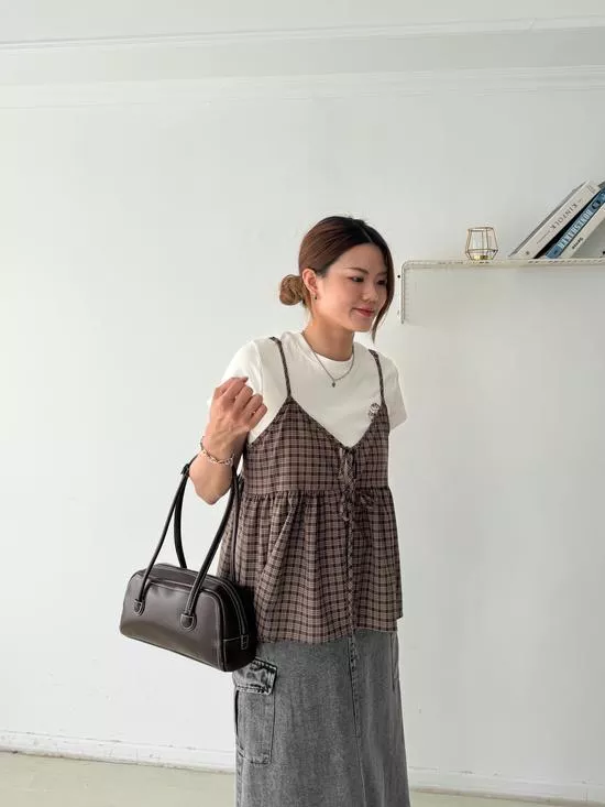細肩雙綁帶格紋背心