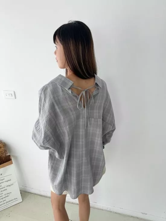 後綁帶格紋襯衫