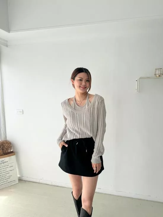U領假兩件透膚上衣
