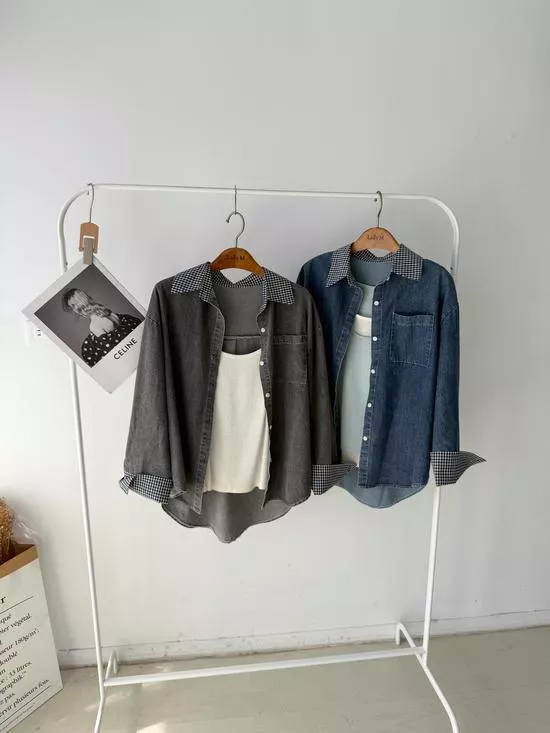 領格紋拼接牛仔襯衫