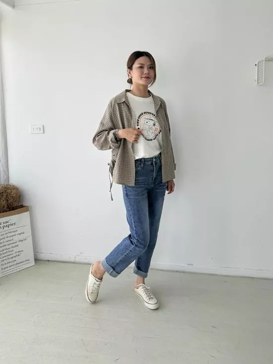 側抽繩格紋襯衫