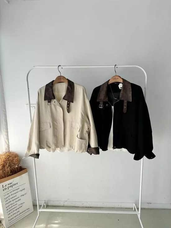 韓系皮革拼接外套