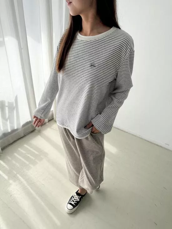 刺繡條紋假兩件上衣