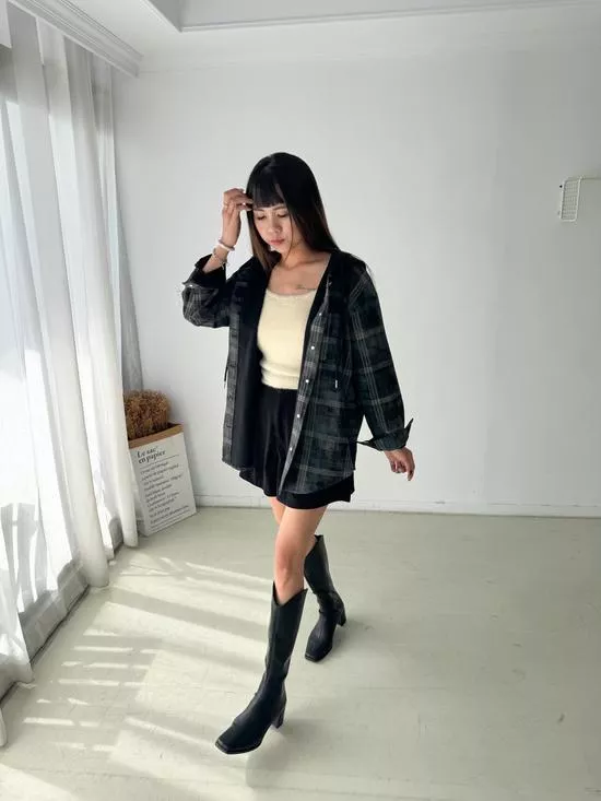 連帽格紋毛呢外套