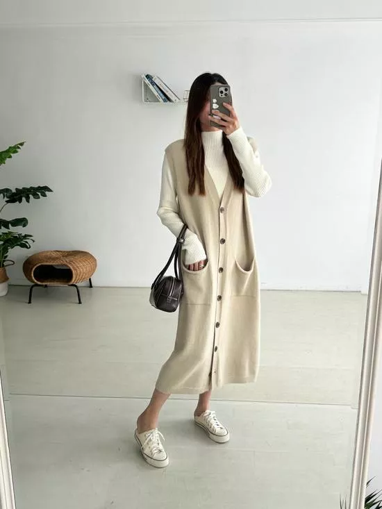 V領排釦針織背心洋