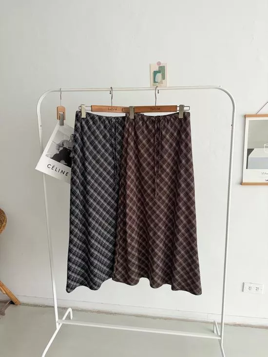 毛尼格紋綁帶長裙