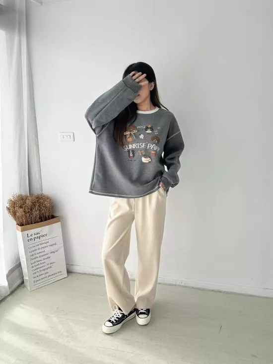 百搭鬆緊毛呢寬褲