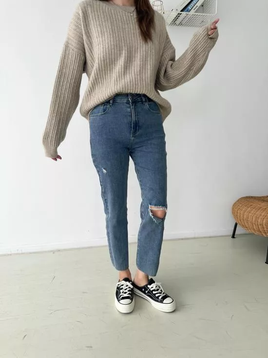 割破彈力小直筒褲