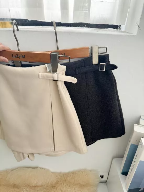 側開衩毛呢裙褲