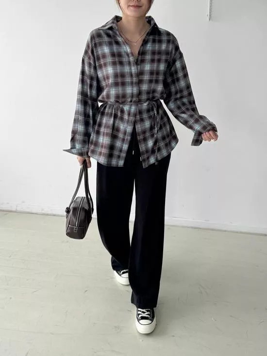 時髦綁帶格紋長版襯