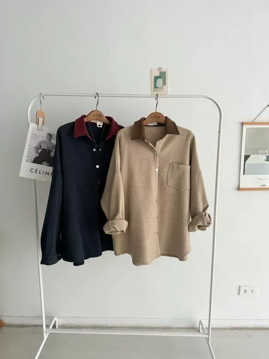 韓系撞色領長版襯衫